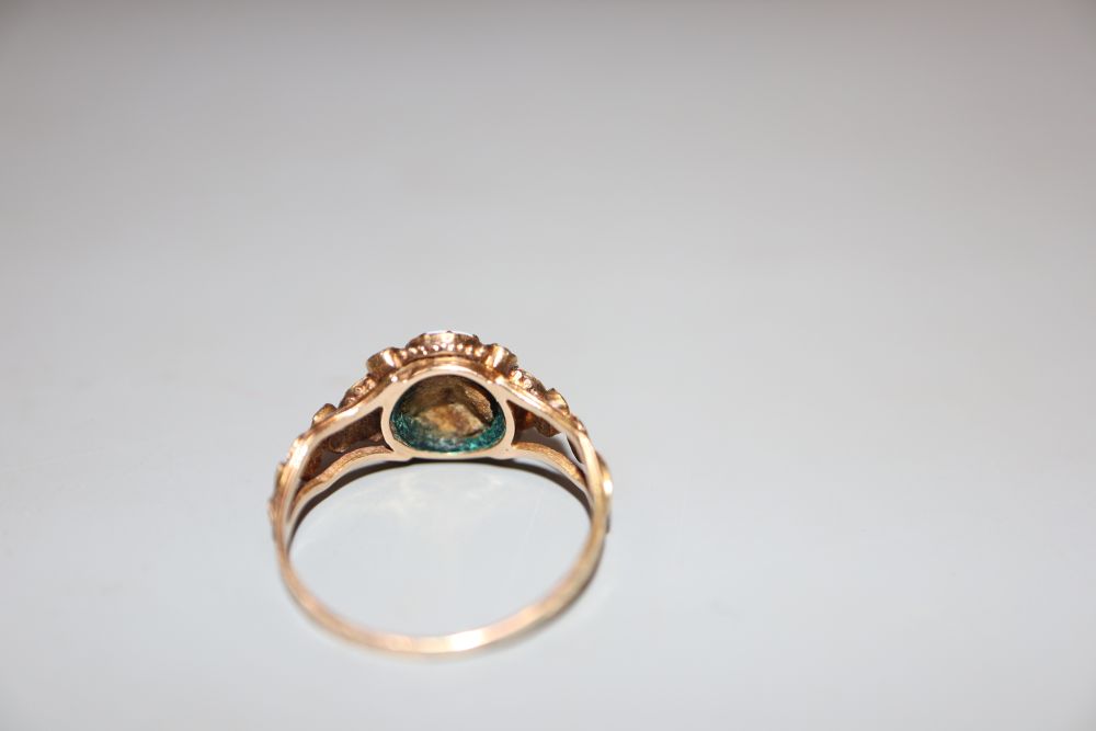 A Victorian yellow metal, white opal and emerald set cluster ring, size N/O, gross 25 grams.